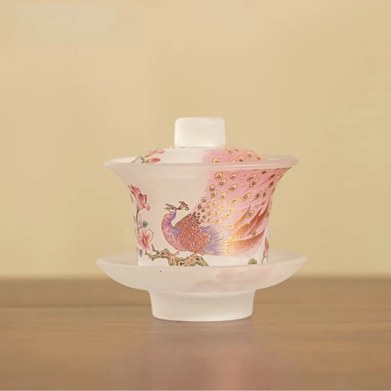 150ml Frosted Glass Hand Painted Peacock Gaiwan Luxury Tea Tureen Tea Bowl with Lid Kit Tea Making Cover Bowl Drinkware Craft