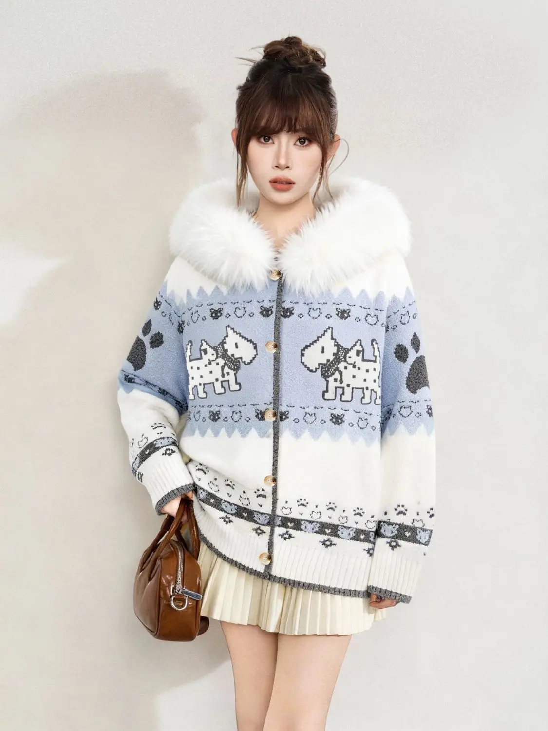 Harajuku Sweet Cute Pattern Jacquard Fur Collar Oversized Sweaters Women Fashion Winter Warm Lazy Style Knitted Cardigan Sweater
