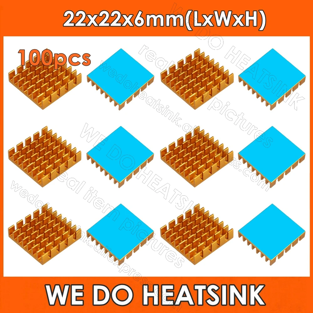 WE DO HEATSINK 100pcs 22x22x6mm Gold Aluminum Heatsink Cooler For IC CPU AMD With Thermal Adhesive Transfer Tape Pads