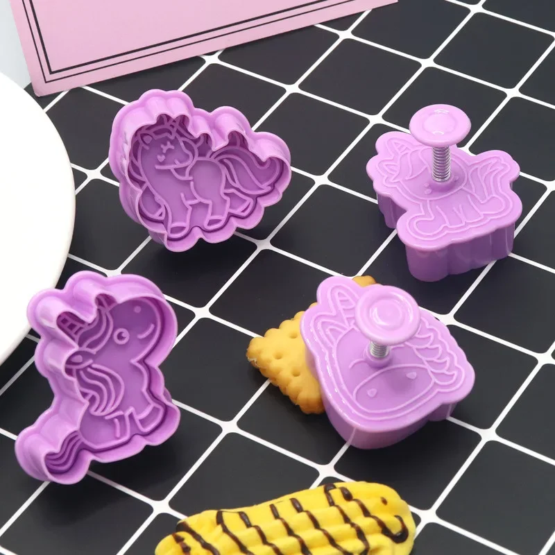 4Pcs/set Unicorn Shape Cookie Cutters Plastic 3D Cartoon Pressable Biscuit Mold Cookie Stamp Kitchen Baking Pastry Bakeware Tool