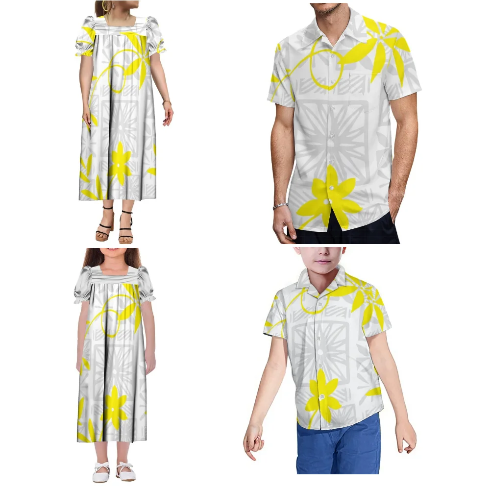 Customized Hawaiian Beach Party Family Set Momu Dress For Girls White Sunday Shirt For Boys Polynesian Samoa Style