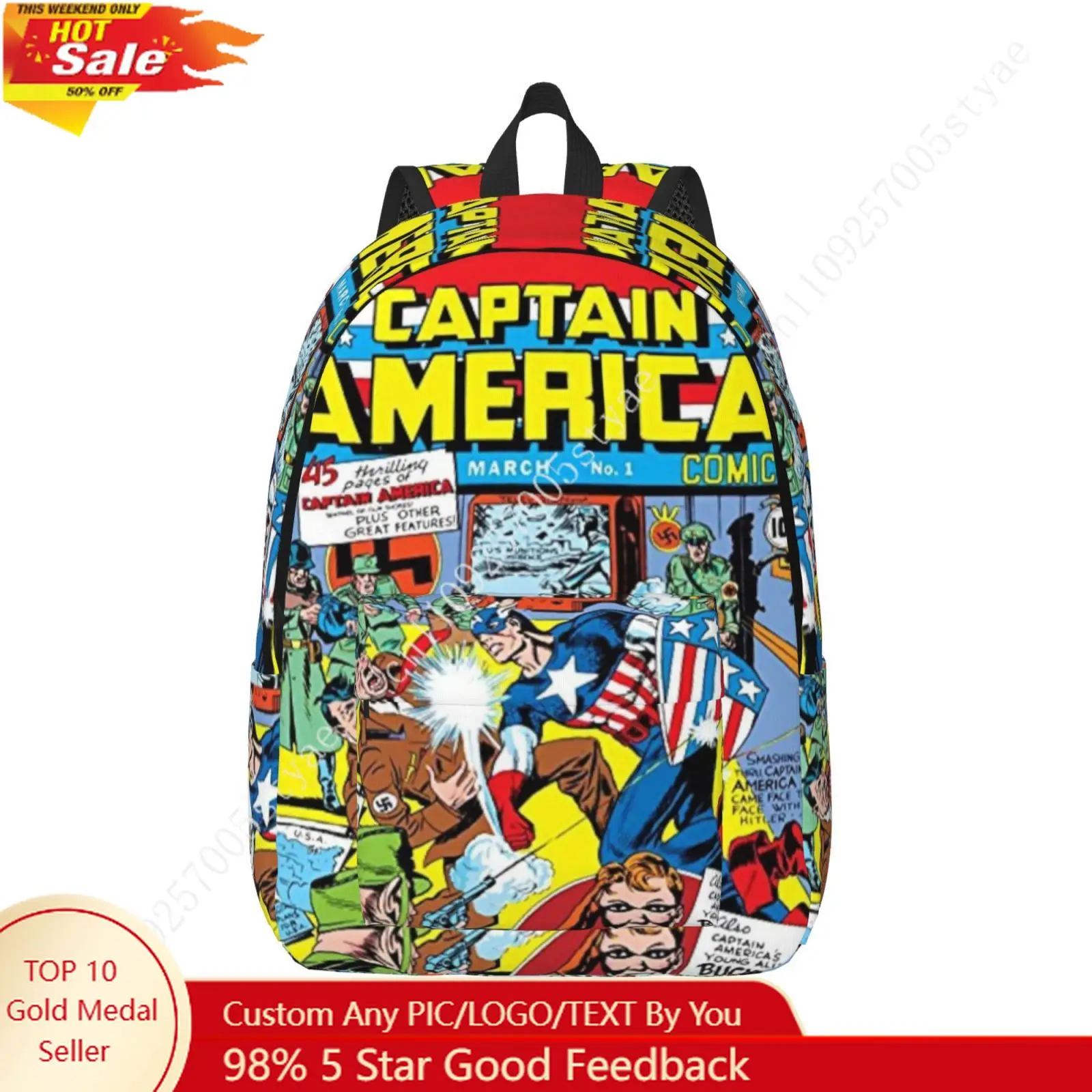 

Marvel Captain America Steve Rogers Custom Canvas Lightweight Backpack Fashion Durable Student Men Women Business Daypack