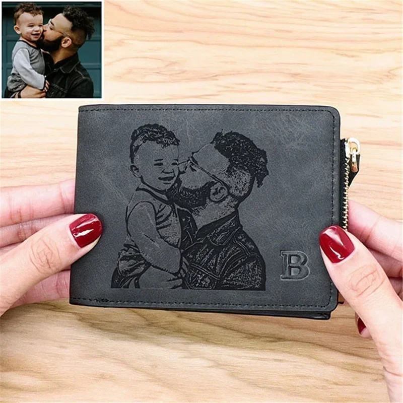 

Engraved Picture & Name Wallets Personalized Custom Photo Text Man Wallet with Zipper Coin Pocket Birthday Gift for Him Father