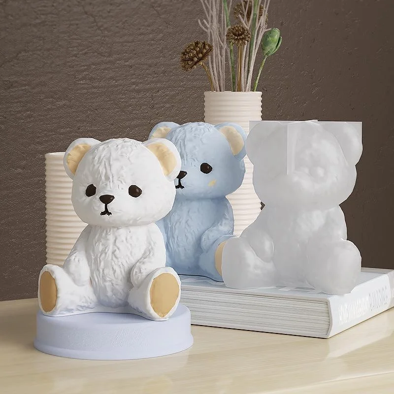 Diy Smiling Teddy Bear Silicone Candle Mold 3D Animal Soap Resin Craft Plaster Making Kit Handmade Ice Cube Mold Home Decor Gift