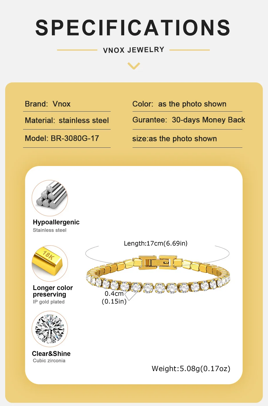 Vnox 4 mm breite weiße Zirkon-Tennisketten-Armbänder für Damen, 17/20/23 cm, silberfarben, goldfarben, Edelstahl-Armband, Schmuck, Geschenk – Detail 4