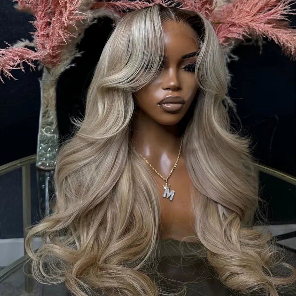 

13X6 Ombre Blonde With Brown Root Lace Frontal Wig Human Hair For Women 180% Transparent Lace Front Human Hair Wig Pre Plucked