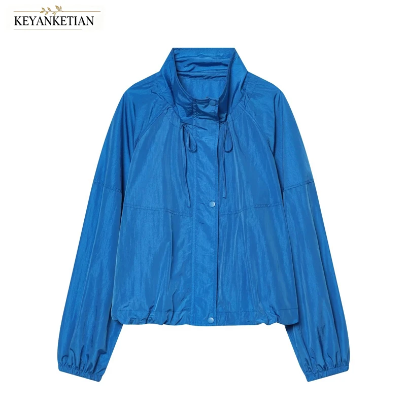 KEYANKETIAN 2026 Stand Collar Cropped Windbreaker Drawstring Neck Hem Snap Button Raglan Long Sleeve Lightweight Casual Jacket