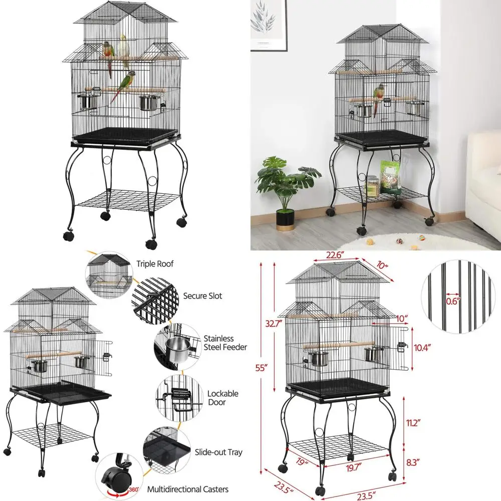 

Medium Rolling Triple Roof Bird Cage for Cockatiels, 55-inch Standing Parrot Cage with Detachable Stand