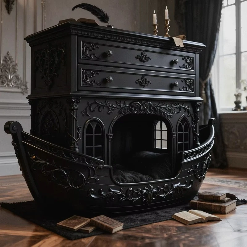 Custom-OE-FASHION Gothic Black Solid Wood Dog House Nightstand Boat Shape Luxury Pet Bed with Storage Drawers