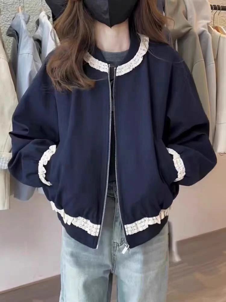 Giacca da baseball corta in pizzo con colletto alla coreana stile coreano Capispalla casual slim fit alla moda primaverile 2025 da donna