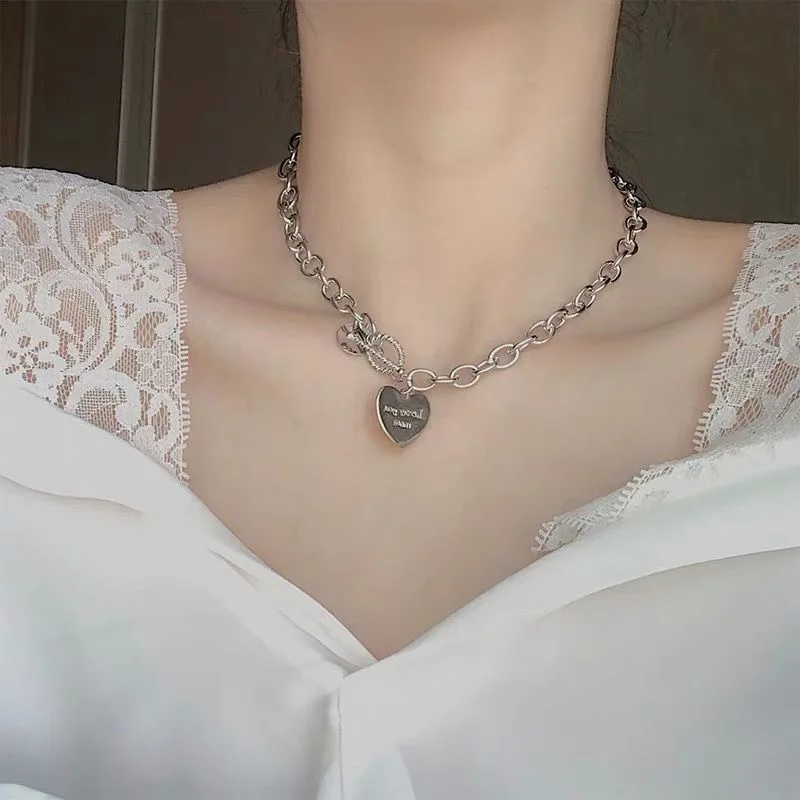Collar Heart Necklace For Women Punk Stainless Steel Chain Hip Hop Fashion Simple Letter Chokers Statement Goth Jewelry
