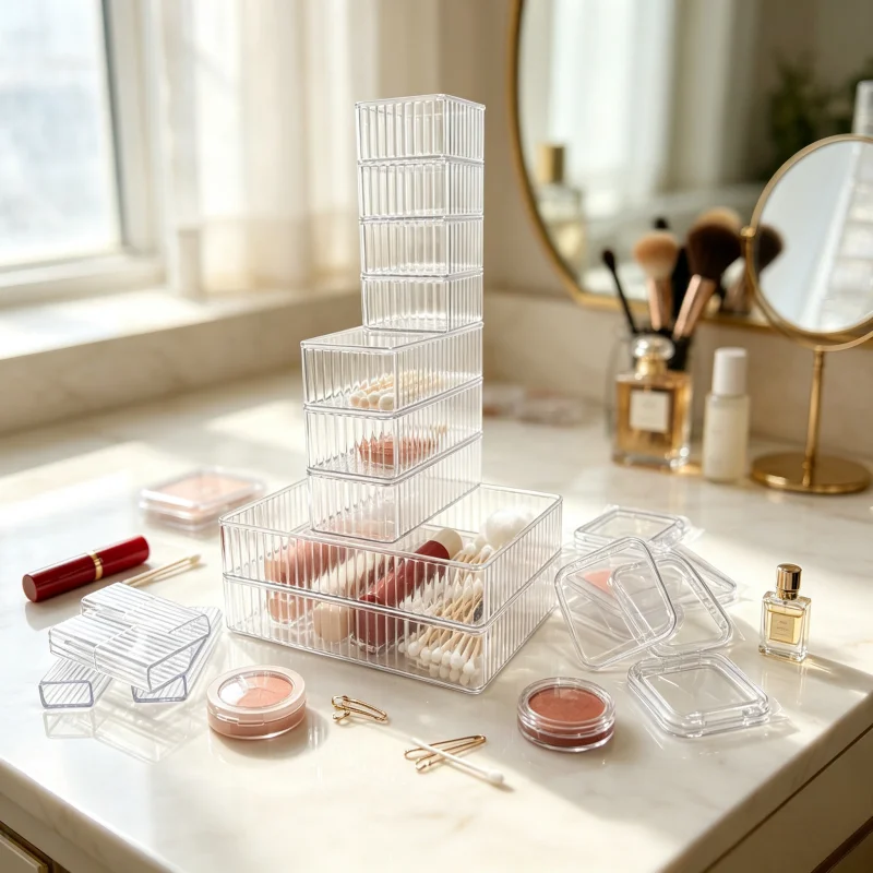 22-Piece Multi-Specification Transparent Vertical-Striped Multifunctional Beauty Storage Rack, Stackable Drawer-Style Cosmetic Storage Box, Waterproof Bathroom Accessory Storage Rack, Suitable for Bathroom Countertops, Dressing Tables, and Cabinet Drawers, Can Store Skincare Bottles, Makeup Brushes, Hair Clips, Press-On Nails, Jewelry, Desktop Cosmetics Storage Containers