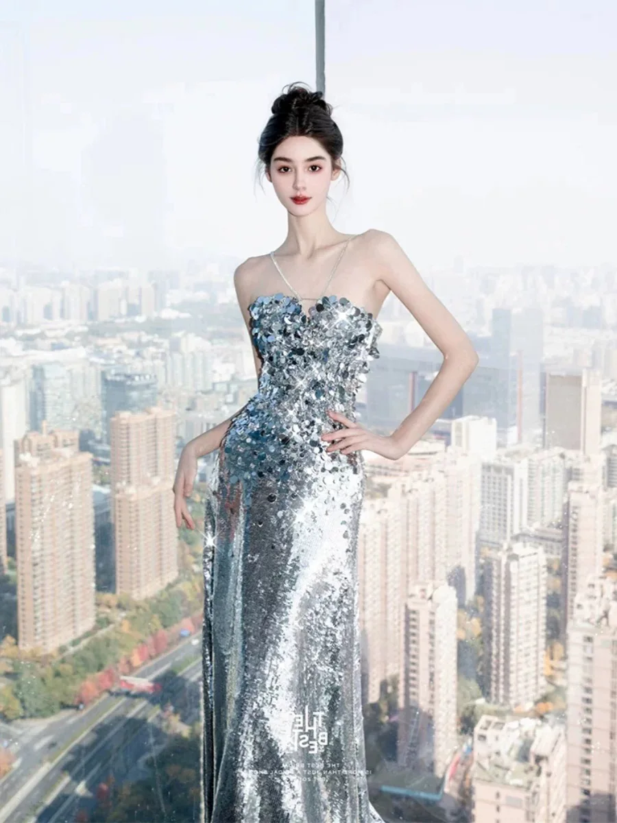 Mermaid Halter Evening Dresses Off Shoulder Silver Sequins Sleevless Lace-up Red Carpet Shiny Celebrity Prom Gowns 2024