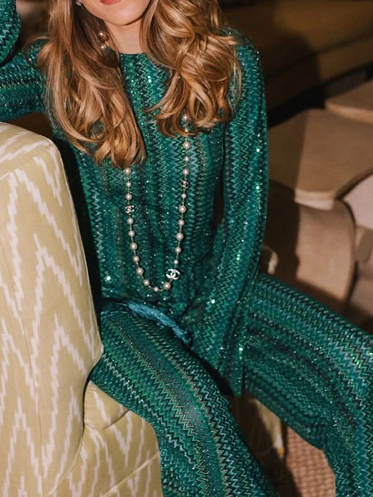 Casual Long Sleeve O-neck Tops&Pants Sets Autumn New Ladies Homewear Suits Chic Contrast Color Printed Tassel Hem Two Piece Sets