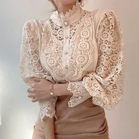New Women's Long Sleeve High Neck  Chic Blouse, Lace Paneled Hollow Sleeve Elegant Top, Vintage Fashion Office Lady Outfits - Image 5
