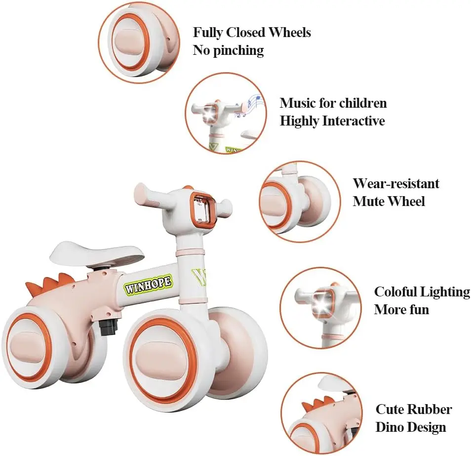 Baby Balance Bike for 1-3 Year Old Boys & Girls, Silent Wheels, with Colorful Lights & Music, Toddler Balance Bike for 12-36 Mon
