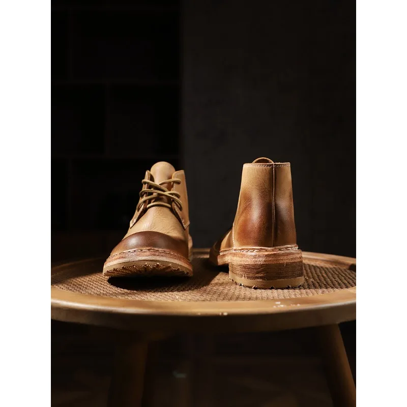 High End Washed High Top Lace Up Riding Boots Men's Handmade Shoes Thick Soled Wear-resistant Work Desert  Ankle Boots Male