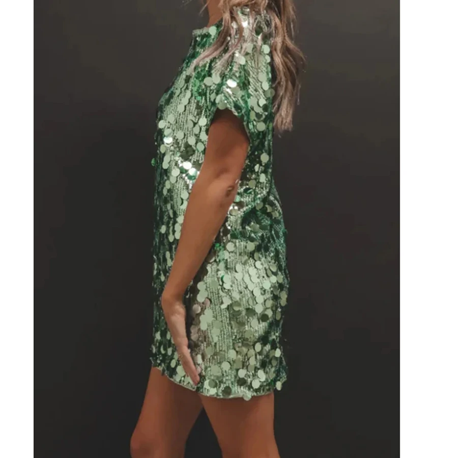 Y2K Jurken Dames Glanzende Pailletten Mini Jurk Korte Mouw Ronde Hals Glanzende Pailletten Zomerjurk Clubkleding voor Feest