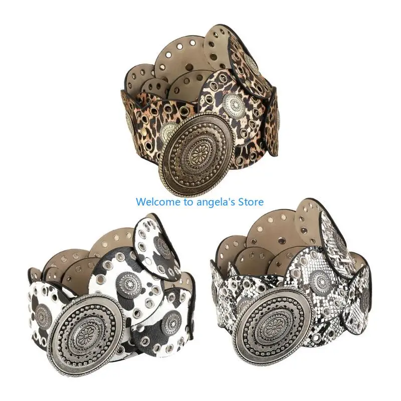 X4YC Vintage Wide Belt Leopard Pattern PU Belt for Dress Women Girl Waist Decoration