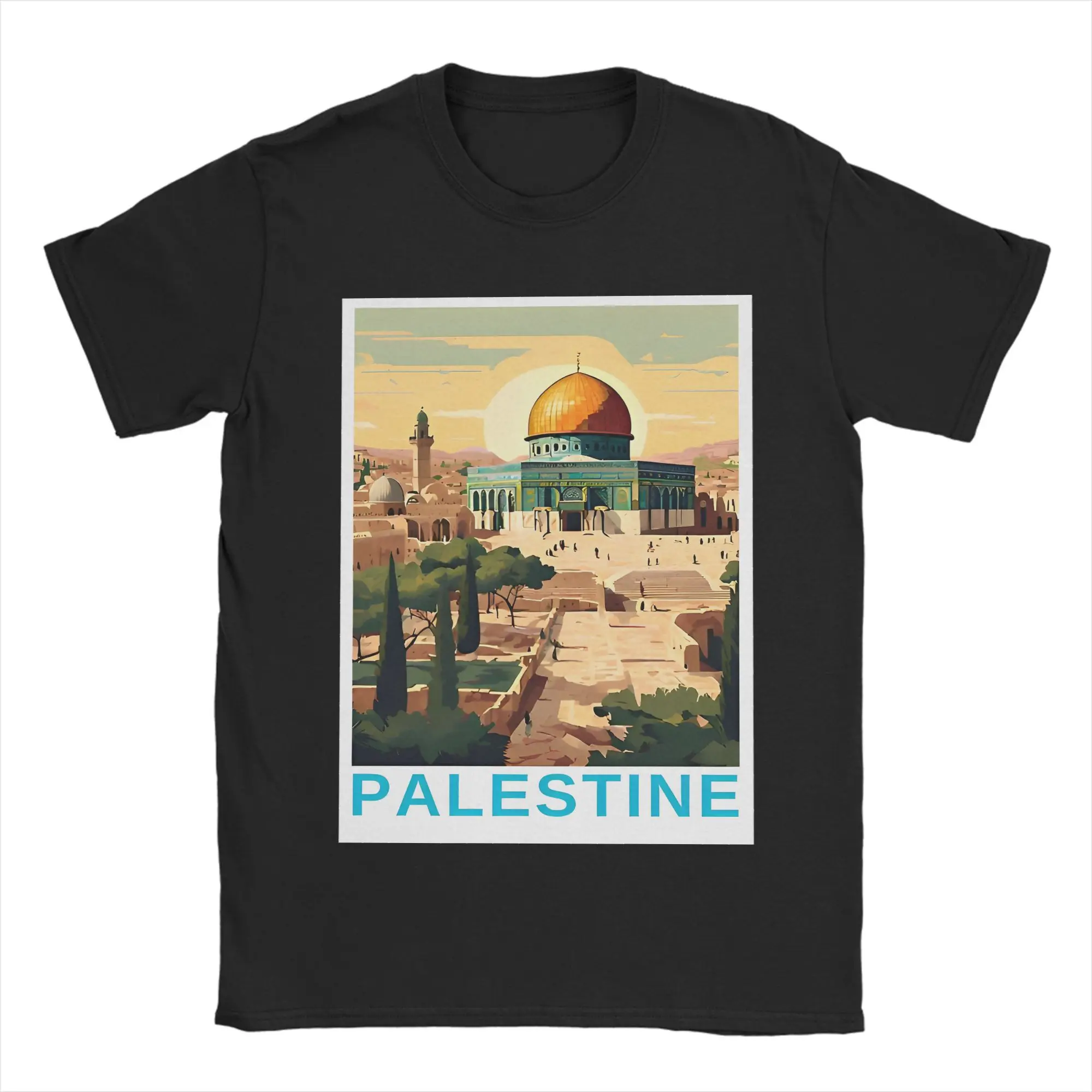 Panoramic Palestine Al Aqsa Mosque Illustration T-Shirt Summer T-Shirts Man Cotton Crewneck Oversize Clothing Short-Sleeved Tops