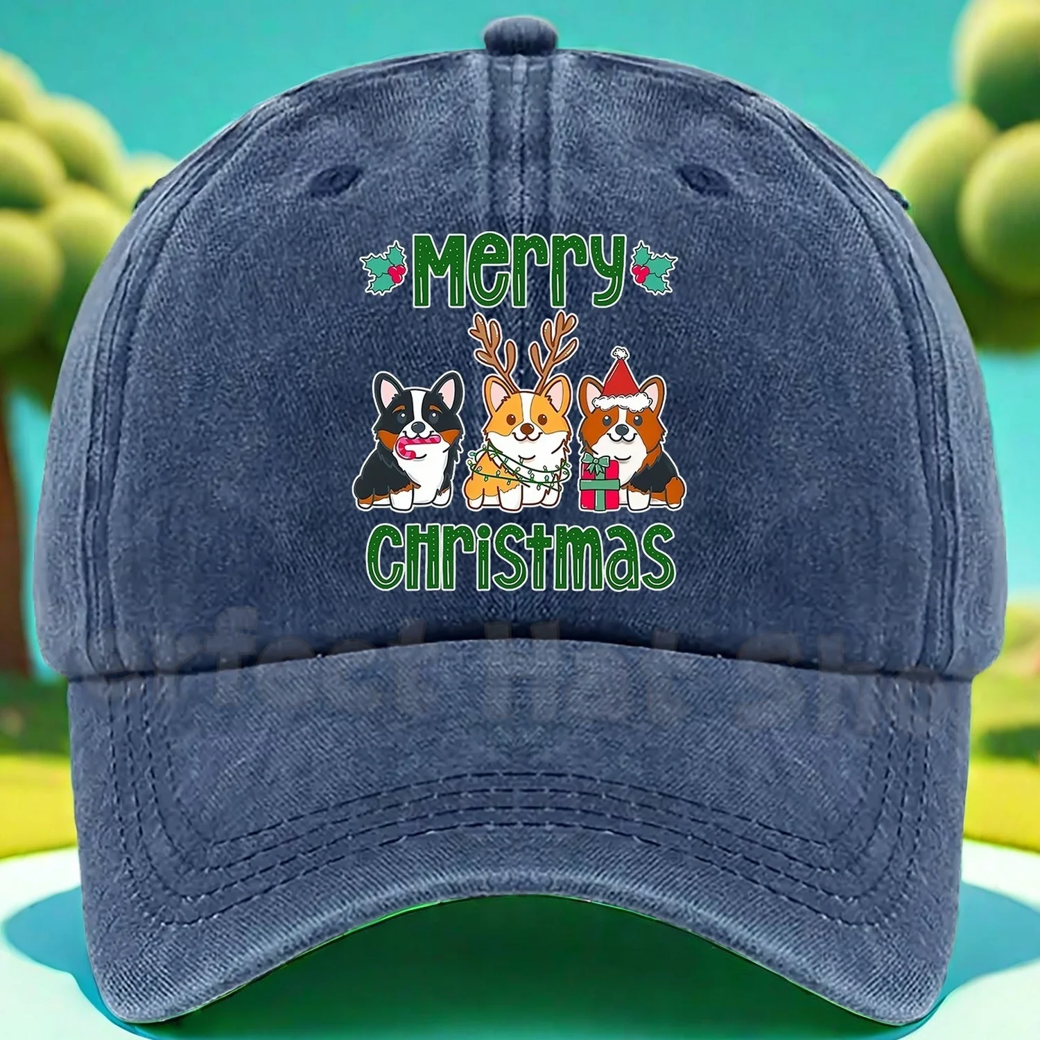 A Christmas-Themed Baseball Cap Featuring Three Adorable Corgi Dogs, Available in Multiple Colors with an Adjustable Size