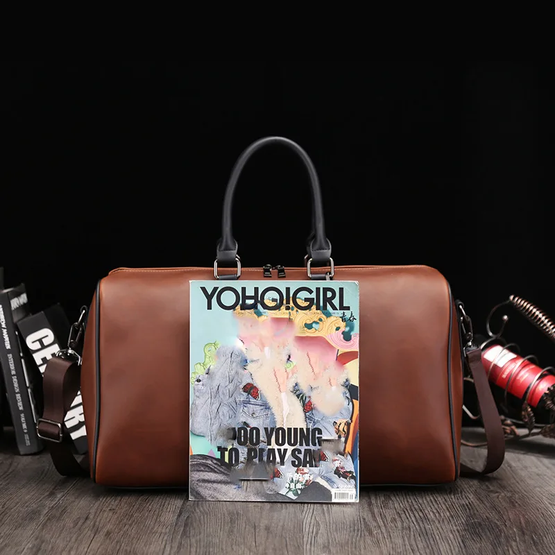 Men's Travel Tote Duffle Gym Bag Crazy Horse PU Leather Handbag Business Fitness Pocket Luggage Vintage Shoulder Sports Bag