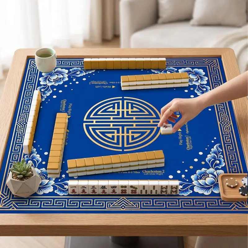 VIKAMA Blue Golden Chinese Knot Mahjong Mat Non Slip Shock Absorb Soft Square Pad Washable American Table