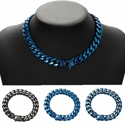 14mm Wide Stainless Steel Plated Blue Black Cuban Chain Crypto Chain Cast Floral Buckle Bracelet for Men's Accessories