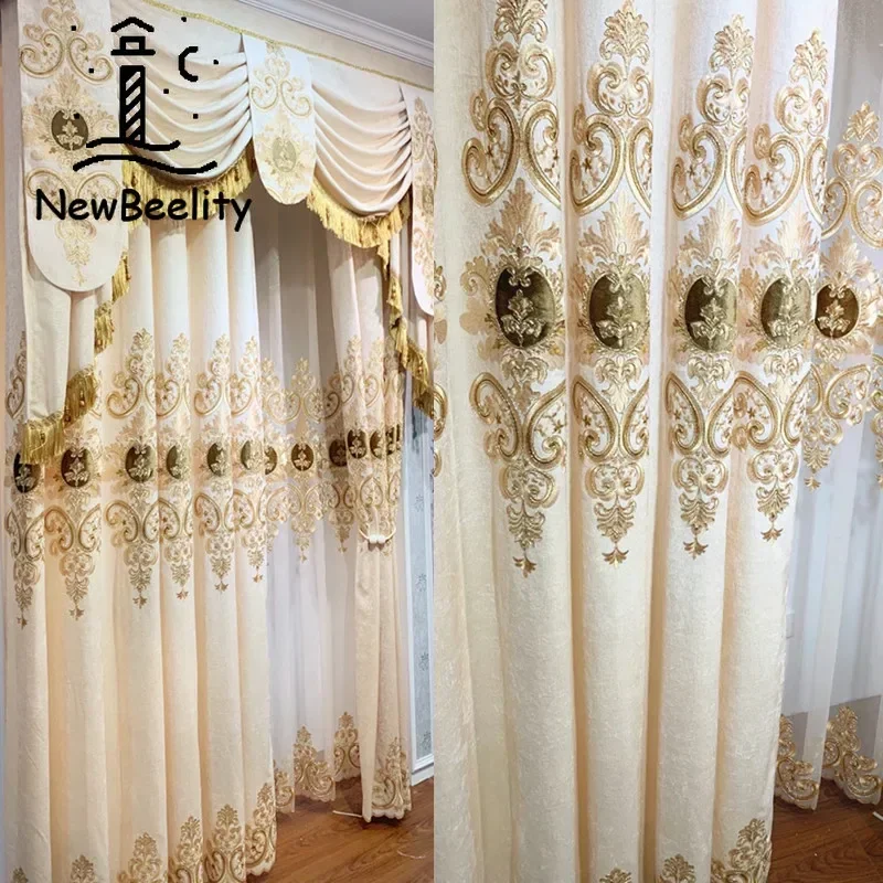 European-style Curtains for Living Dining Room Bedroom Light Luxury Champagne Chenille Gold  Embroidered Curtains Window valance