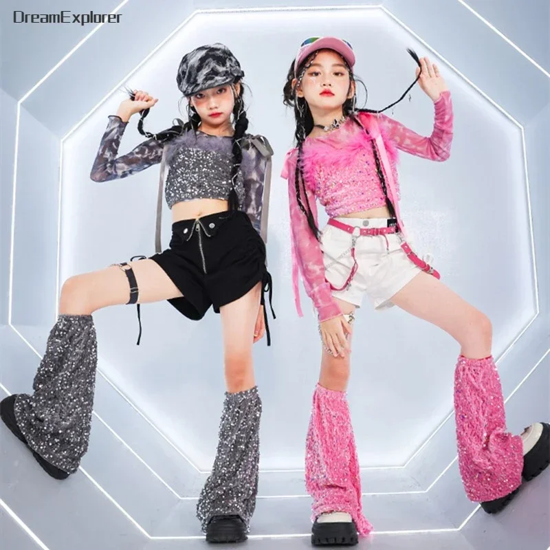 Girls  K-pop Sequin Crop Top Street Dance Shorts Kids Hip Hop Jazz Hot Pants Clothes Sets Children Streetwear Girl Group Costume