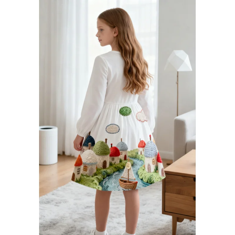 2025 New Autumn Girls' Dress, Long-sleeved Fairy Tale Town Pattern Print Princess Dress, Casual Party Children's Clothing