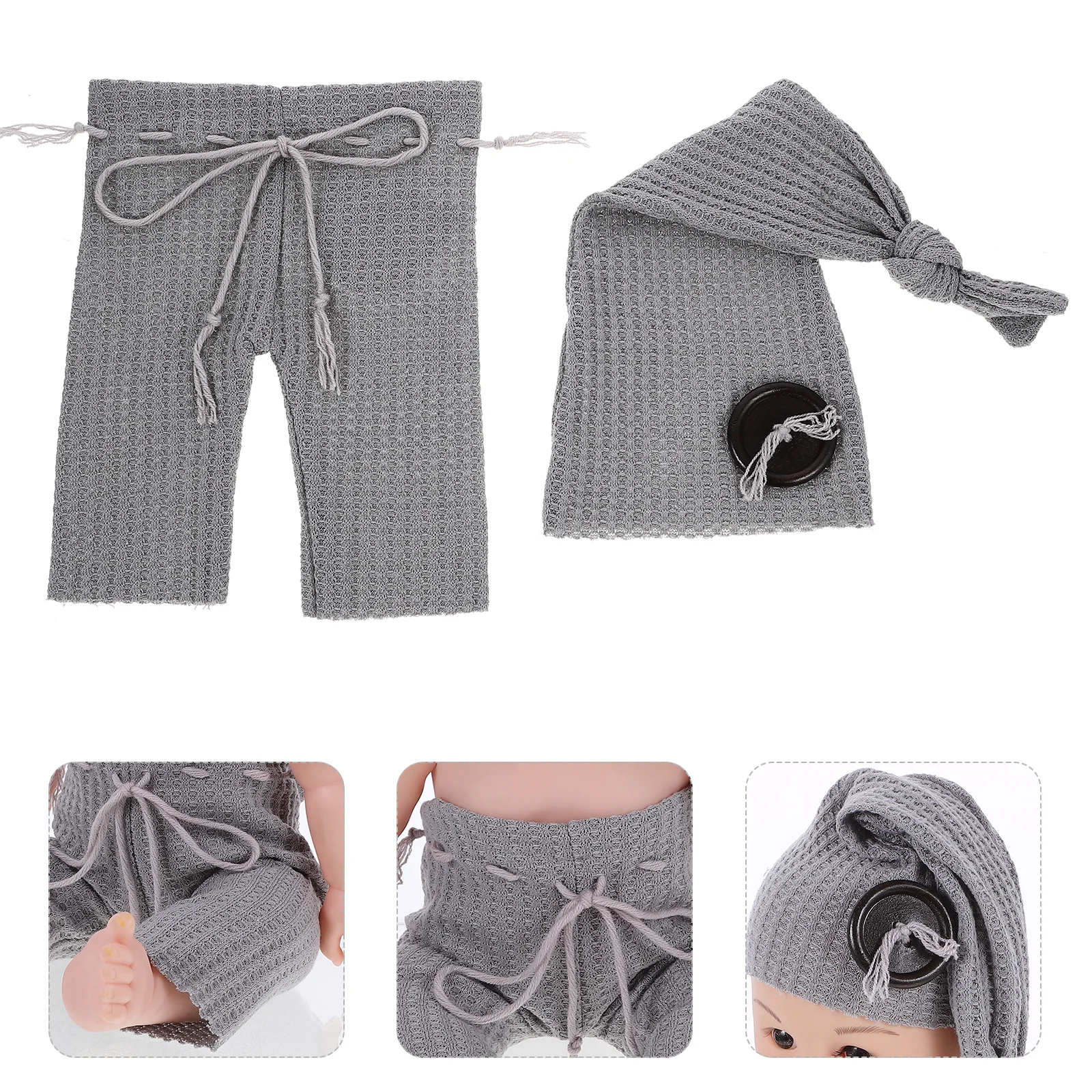 

1 set Knitted Pants Hat Set Sky Wooden Button Newborn Photography Outfits Boys Girls Hospital Baby Clothes