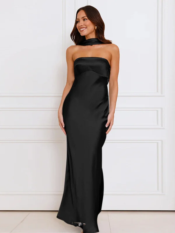 Sexy Satin Strapl Une épaule Dr European Sle Taille haute Bal Jupe longue sans Sve High Quali Polyester M...