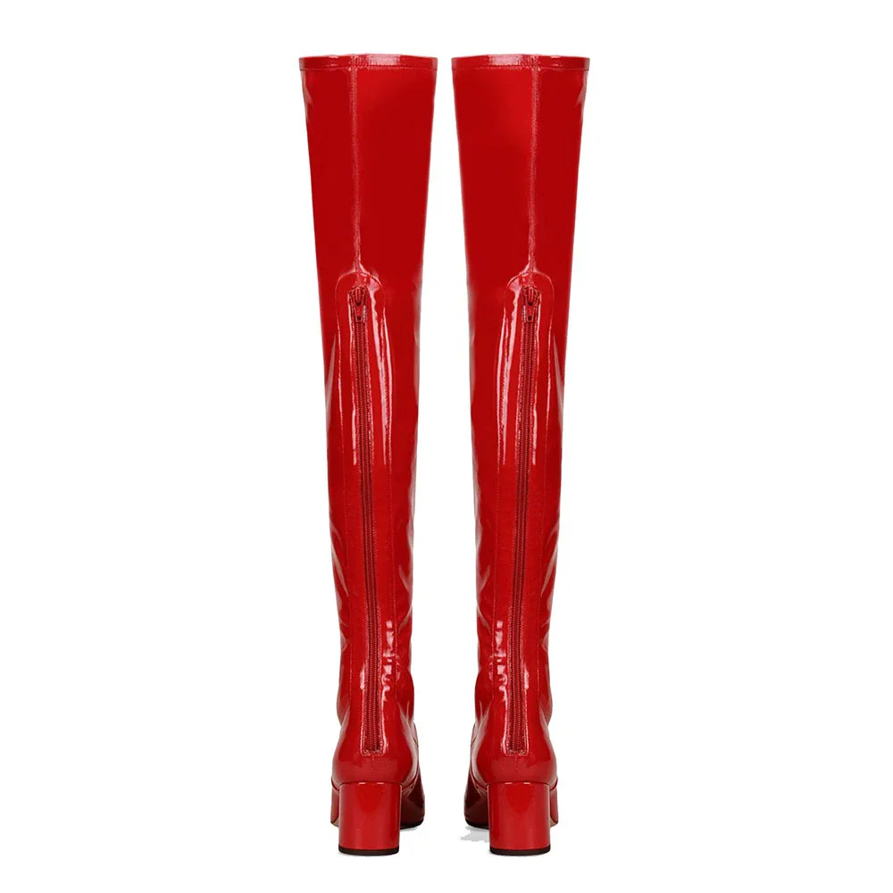Spring new flat toe red patent leather rear zipper square heel over-the-knee boots daily dress large-size high-heeled women boot view 2