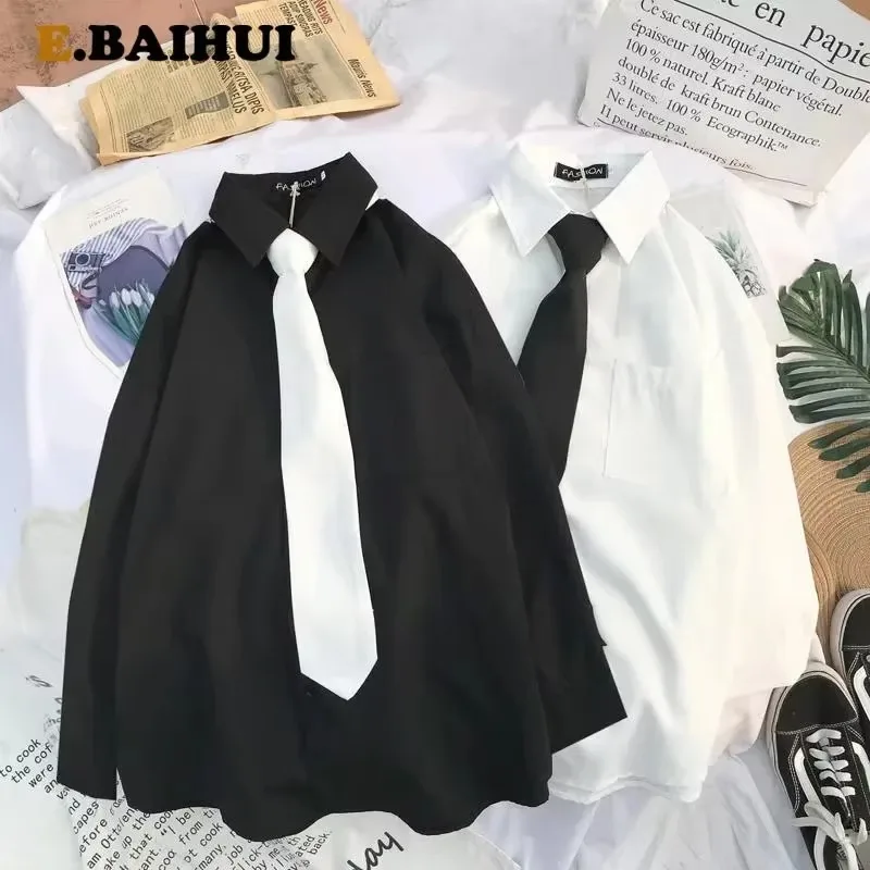 EBAIHUI Camisas brancas masculinas com gravata conjunto DK Uniforme Blusas de manga comprida Japonês Coreano Solto Estilo Preppy Blusas