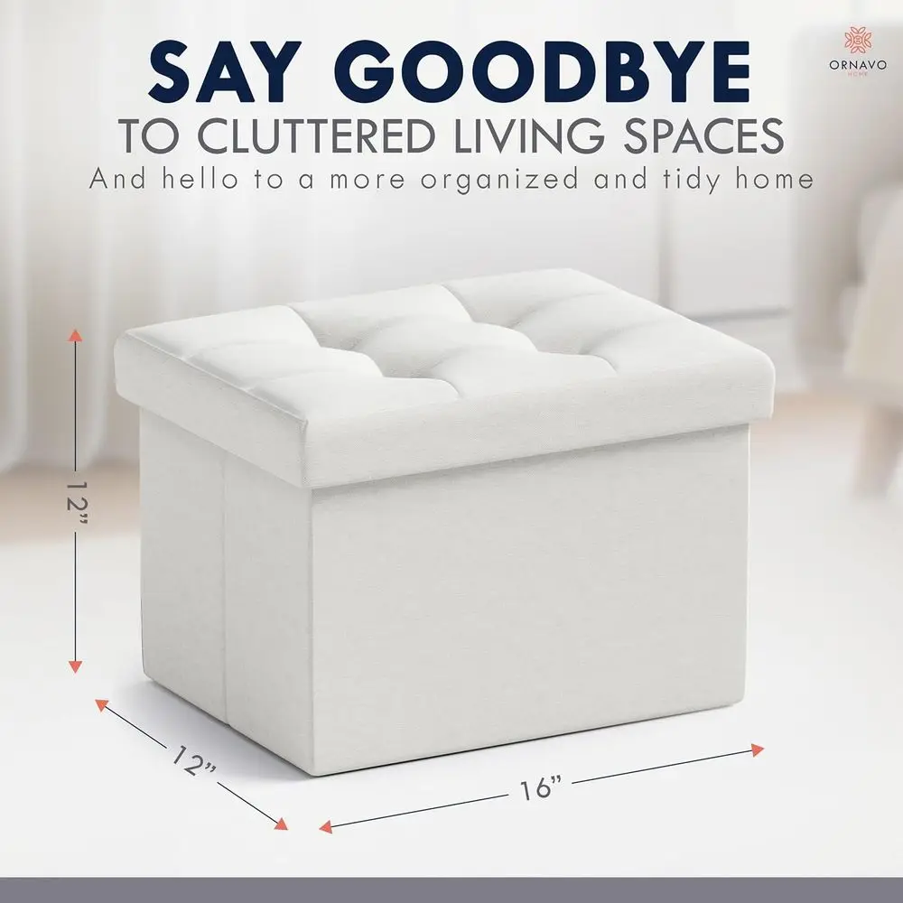 Compact Storage Ottoman: Collapsible Linen Footrest for Home, Office, Dorm - 12x16x12, White