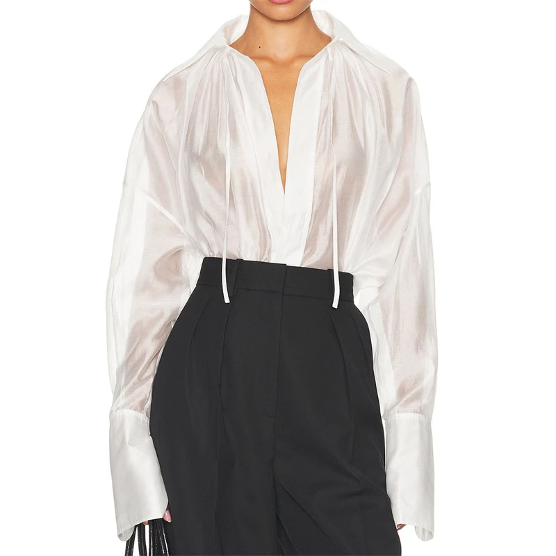 

New SummerWomen's Lapel Pleated Tie-Waist Long-Sleeve Shirt High-Quality FashionableCasual Pearlized SoftSkin-Friendly Loose Top