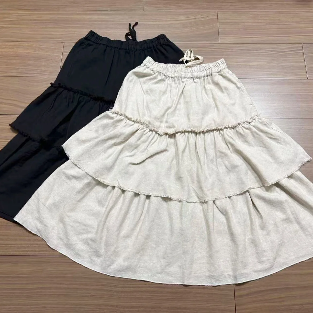 

Cotton Linen Cake Skirt with Frayed Hem for Women Summer New Style Elastic Waist Design Midi Length A-Line Skirt