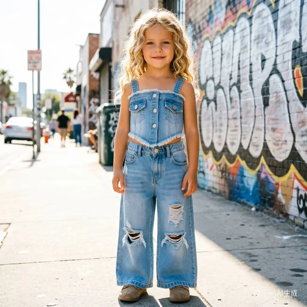

Cotton Girls Suit Set Summer Fashion Denim Vest Sleeveless Tank Top Wide Leg Pants Streetwear Outfit Baby Clothing Two Piece Set