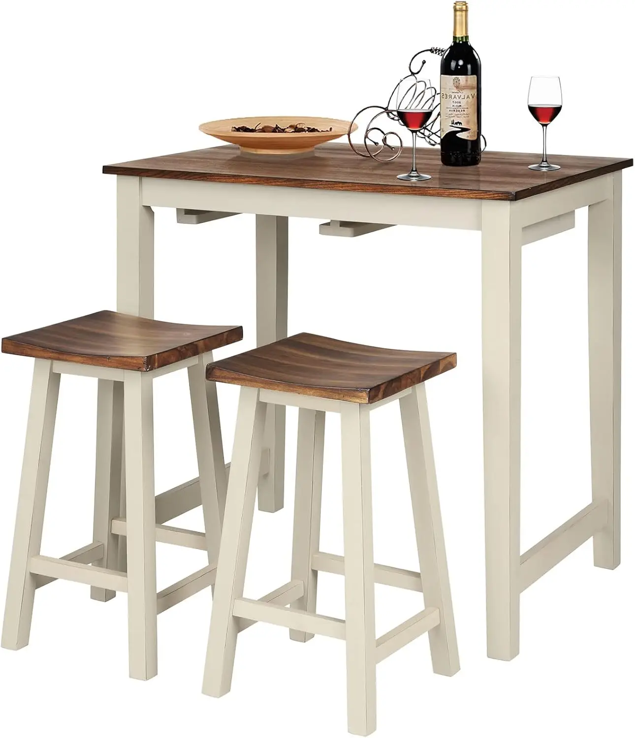 

3 Pieces Dining Set, Counter Height Pub Table Set with 2 Saddle Stools, Industrial Wood Breakfast Table Set for Bar, Kit