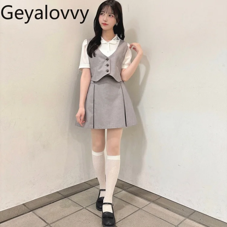 ملابس نسائية مكونة من قطعتين على طراز الكلية اليابانية متعددة الاستخدامات وأنيقة أساسية بدون أكمام، طقم سترة وتنورة كاجوال، طقم صيفي أنيق #2