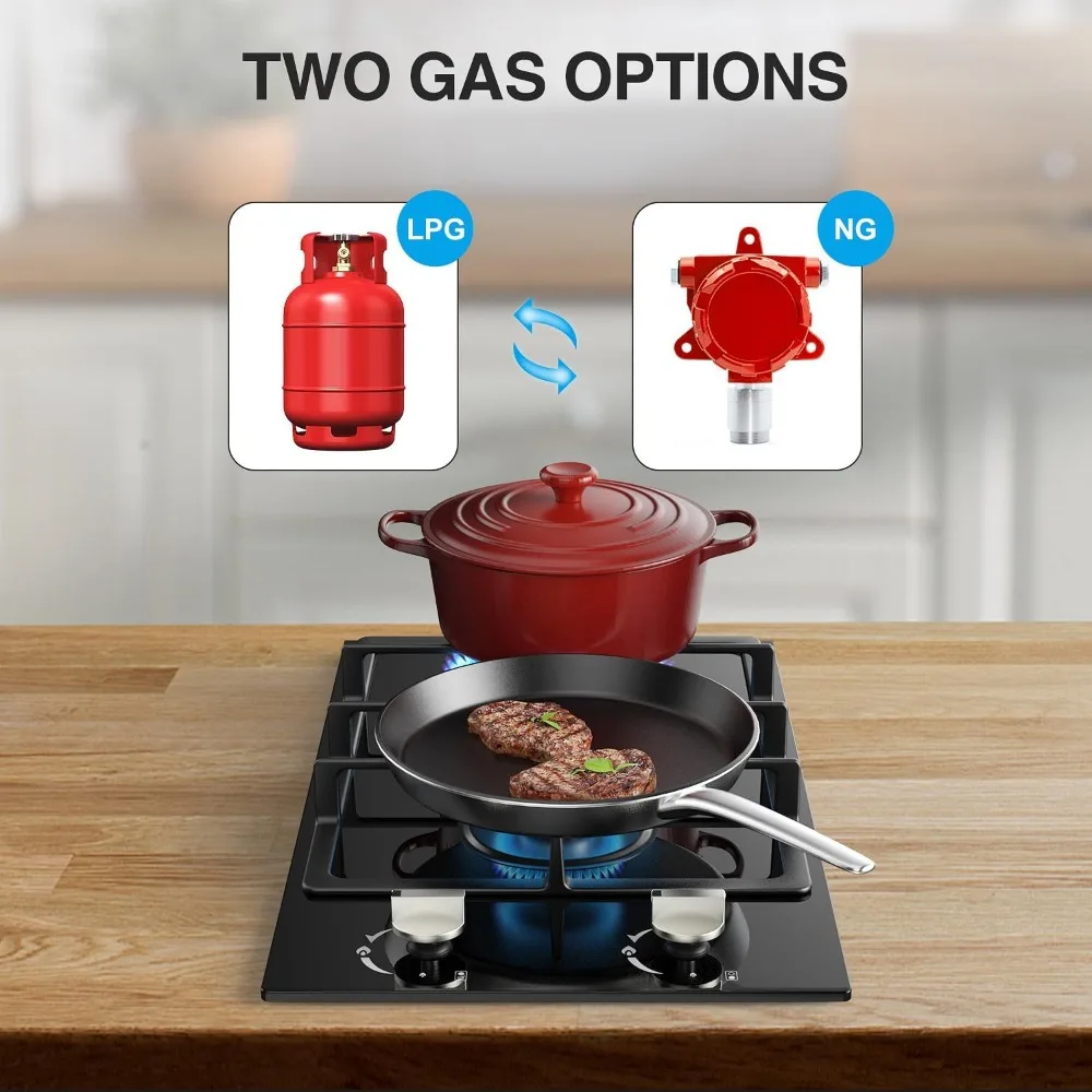 12인치 가스 스토브: 2구 가스 쿡탑 - 스테인리스 스틸 LPG/NG 듀얼 연료 스토브 – RV, 아파트용 빌트인 가스 호브