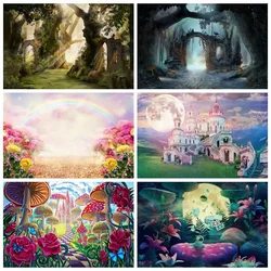 MOON.QG Girls Birthday Photozone Alice In Wonderland Photography Backdrop Fairy Forest Rainbow Flower Background Sign Photo Wall