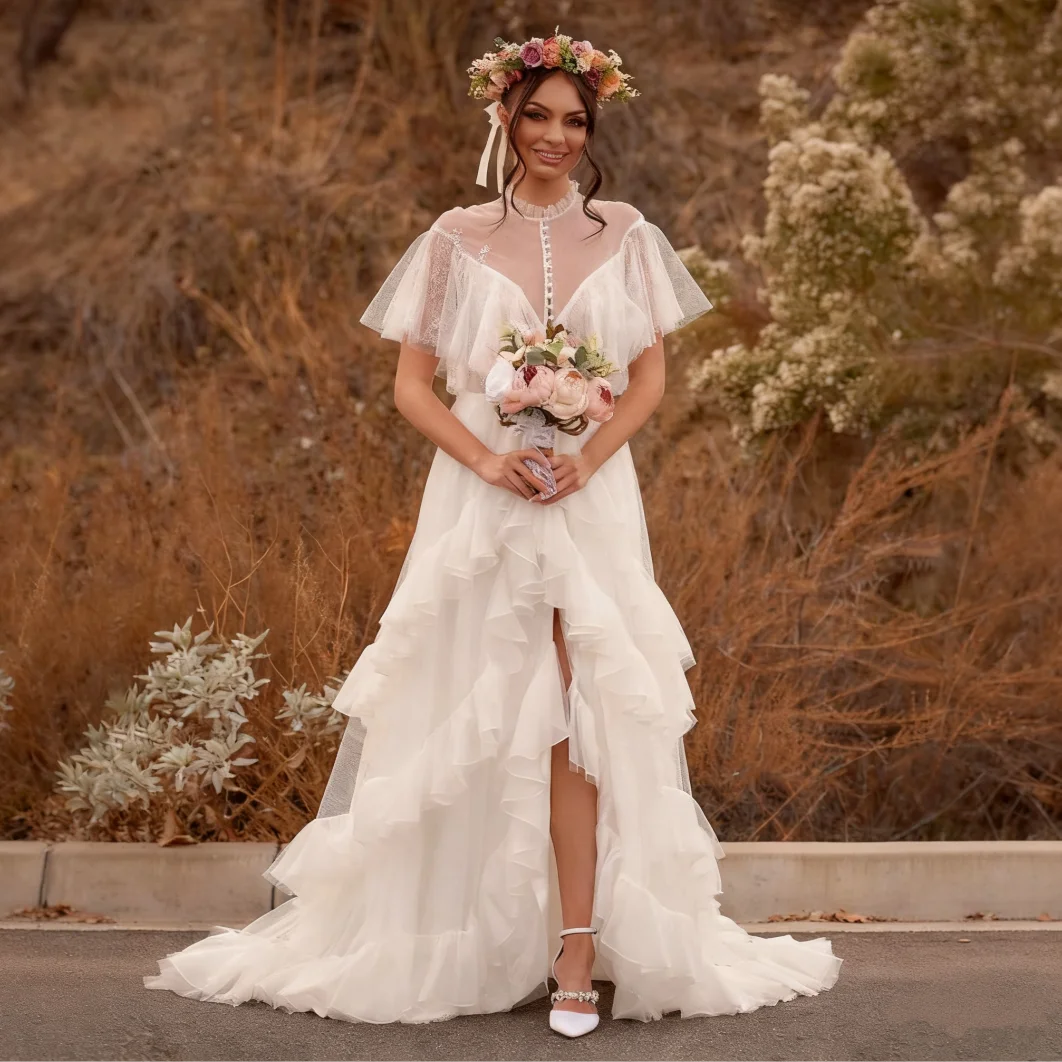 Romantic Bohemian Wedding Dress Women's High Collar Ruffle Gaul Bridal Dress Beach Garden Wedding Dress Customization
