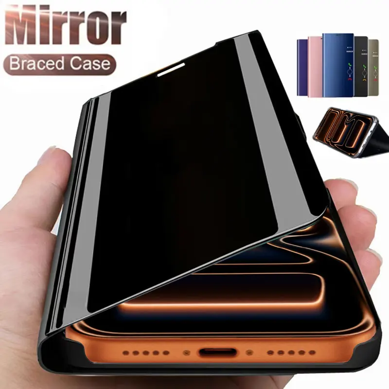 Inteligentne etui z klapką do Samsunga Galaxy Z Fold 7 Fold7 Zfold7, z powłoką lustrzaną, wykonane z tworzywa sztucznego i skóry PU, z funkcją podstawki, odporne na wstrząsy, z okienkiem podglądu.