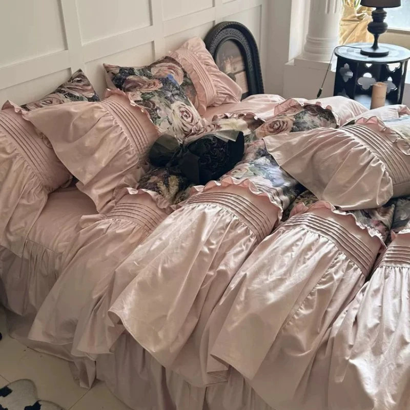 French Bedroom Retro Rose Cotton Bed Skirt Four Piece Set Long Staple Cotton Girl Princess Style Lotus Leaf Lace Duvet Cover