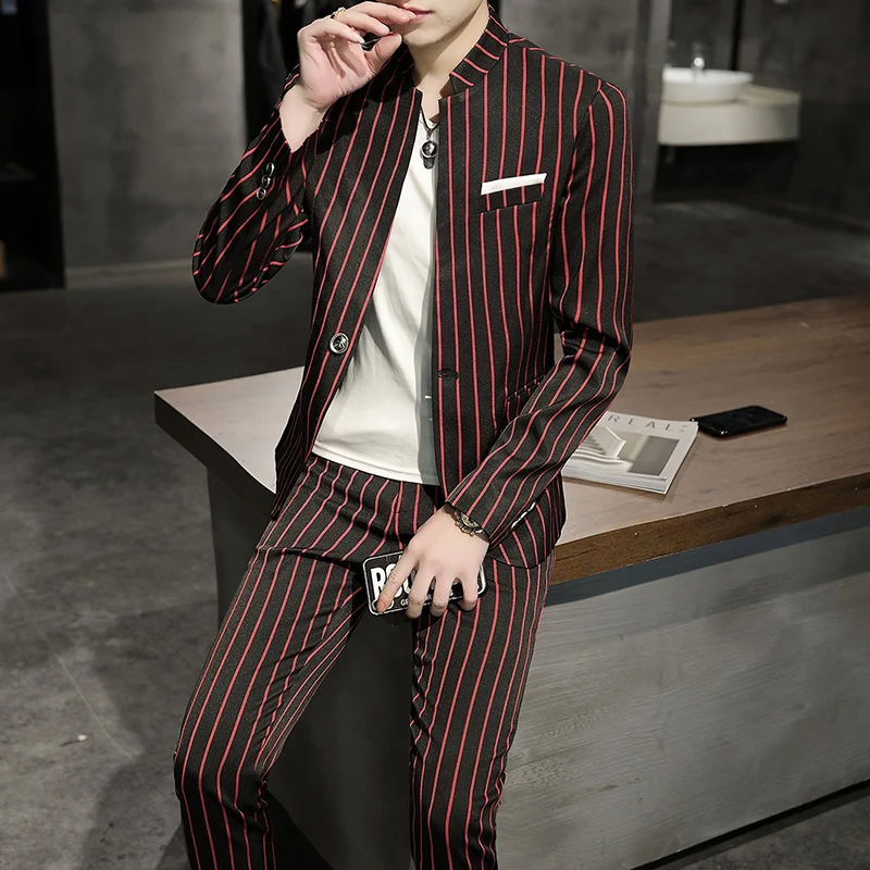 

Suit (Blazer+ Pants) Men's Fashionable Striped Travel Gentleman Wedding Slimming Business Trend Casual Korean Style Formal Wear