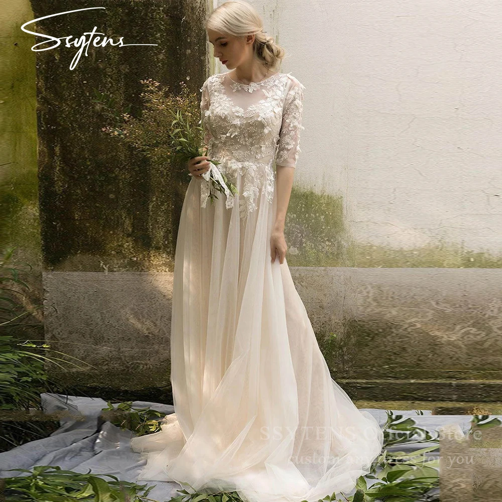 

SSYTENS Vintage Ivory Wedding Dresses For Woman Bride Long Appliques Tulle Bridal Gowns Robe De Mariée Personalized Customized