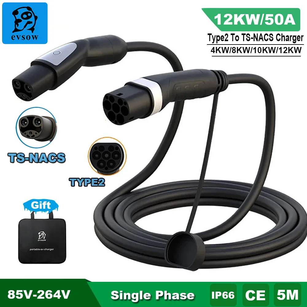 evsow 12KW Type2 To TS-NACS Charger Single Phase 4KW 8KW 10KW 32A 50A EV Charging Cable For Tesla Model 3 Y X S EV Charger 5M