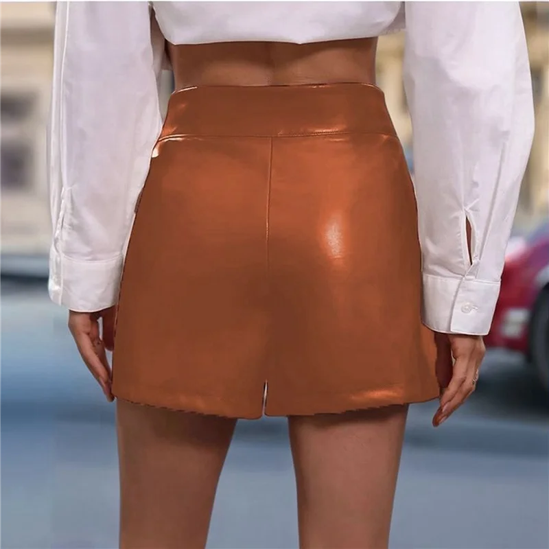 ABRT-Faldas de couro para mulheres cintura alta shorts de couro PU cintura elástica saia envoltória franzida